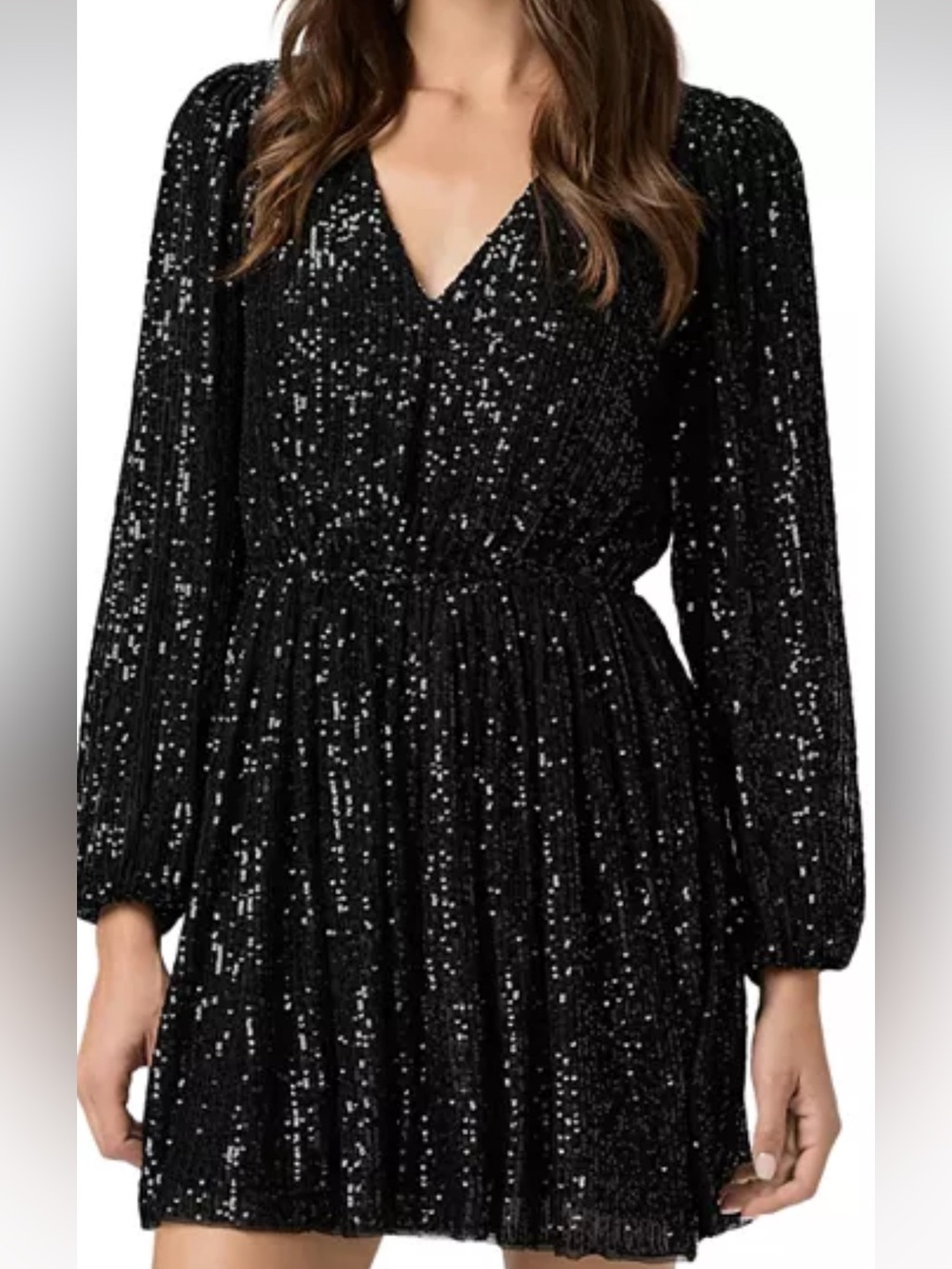 PAIGE Black Sequin V-Neck Long Sleeve Mini Dress